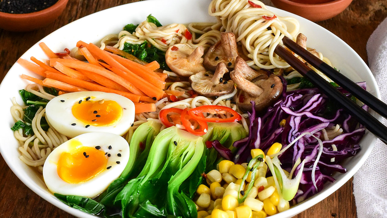 Healthy Ramen Topped with Boiled Egg 1280x720
